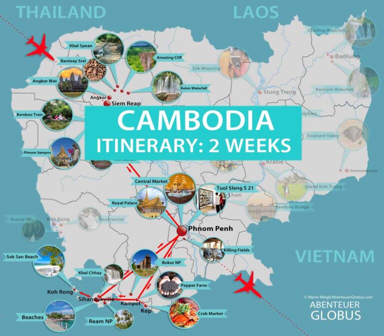 Map with all sights for an itinerary of 2 weeks in Cambodia